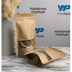 Пакет Дой-Пак бумажный 13*22,5(+3,5)см, Крафт (бурый), с окном 4см снизу