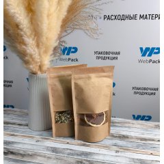 Пакет Дой-Пак бумажный 13*22,5(+3,5)см, Крафт (бурый), с окном 4см снизу