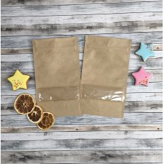 Пакет Дой-Пак бумажный 13*22,5(+3,5)см, Крафт (бурый), с окном 4см снизу