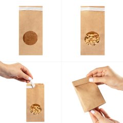 Крафт пакет с круглым окном 80*50*170 мм, 70 г/м2 (крафт), с клеевым клапаном (1 слой)
