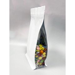 Пакет восьмишовный 13,5(+6,5)*22,5см, (белый матовый), с плоским дном, с замком (обычным), прозрачные фальцы