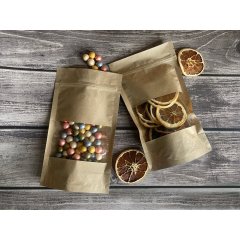 Пакет Дой-Пак бумажный 13*22,5(+3,5)см,  Крафт (бурый), с окном 7см снизу