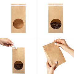 Крафт пакет с круглым окном 120*80*250 мм, 70 г/м2 (крафт), с клеевым клапаном (2 слоя)