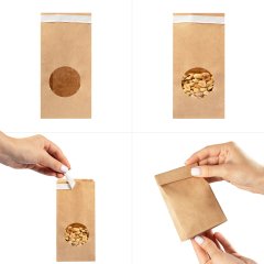 Крафт пакет с круглым окном 80*50*170 мм, 70 г/м2 (крафт), с клеевым клапаном (2 слоя)