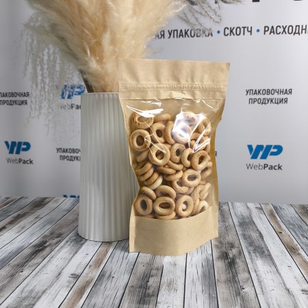 Пакет Дой-Пак 13,5*22,5(+3,5)см, Крафт (бурый), с окном 13,5см