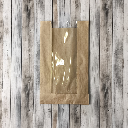 Крафт-пакет с V-образным дном с окном 14(7,5)*25*5см. (бурый)