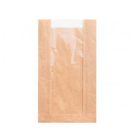 Крафт-пакет с V-образным дном с окном 14(7,5)*25*5см. (бурый)